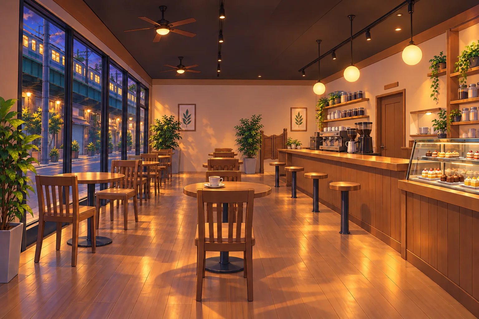 打烊前的萌え群れ cafe 店內，窗外高架上駛過一列亮燈的電車。